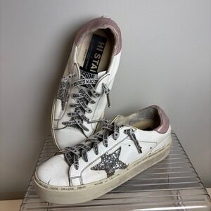 Golden Goose Hi Star White Leather Glitter Star Platform Sneakers Pink Heel 38
